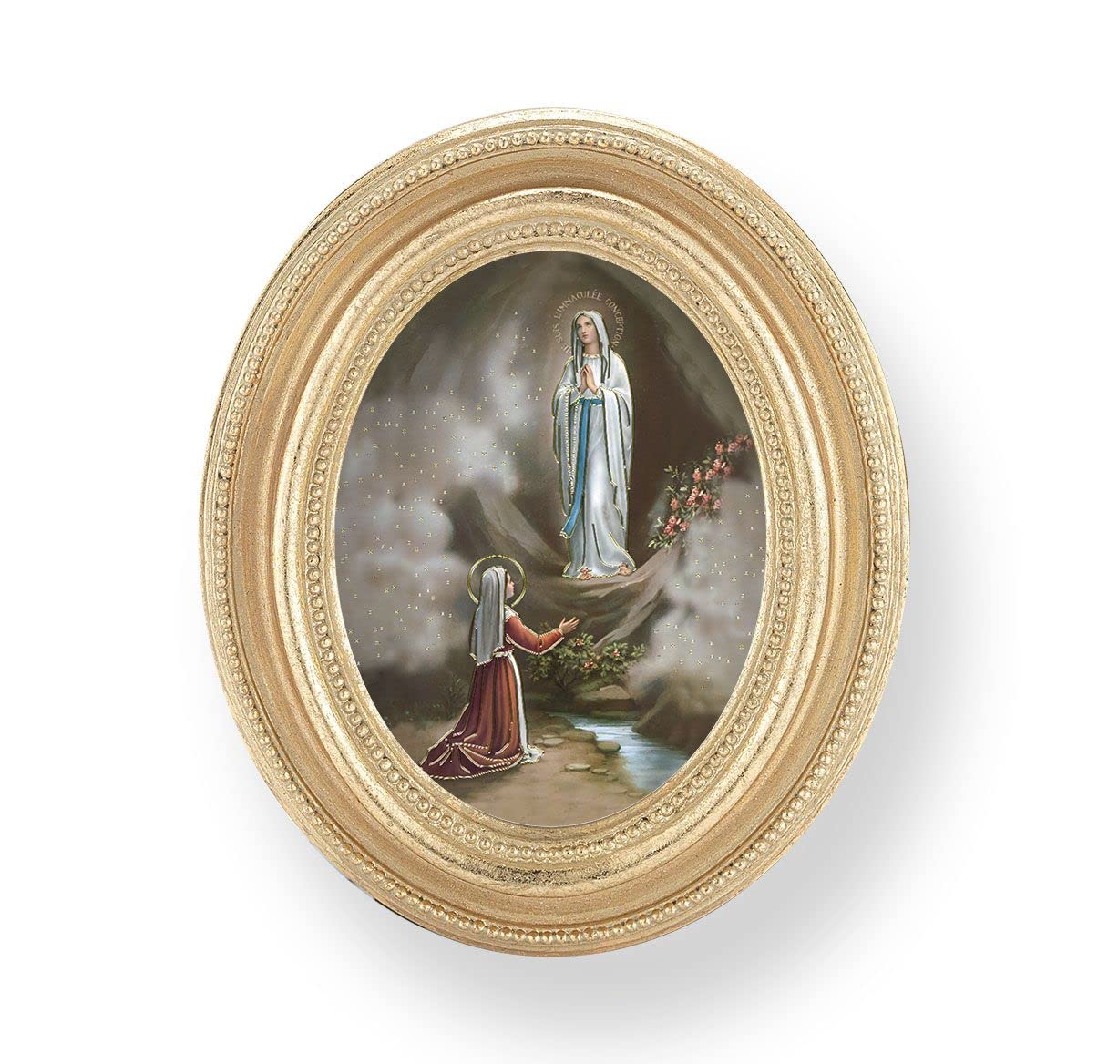 Our Lady of Lourdes Picture, Gold Finish 3-3/4"x4-1/2 Oval Frame, Exclusive Gold Stamped Print Under Glass # 28419