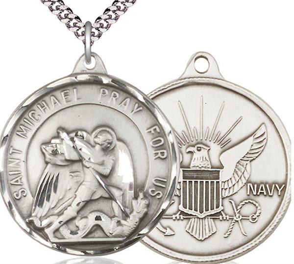 St. Michael / Navy Medal, Sterling Silver, 1-1/4" dia., Your Choice of Chain, # 2007