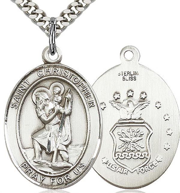 St. Christopher / Air Force Medal, 3/4" tall, Sterling Silver, Your Choice of Chain, # 2038