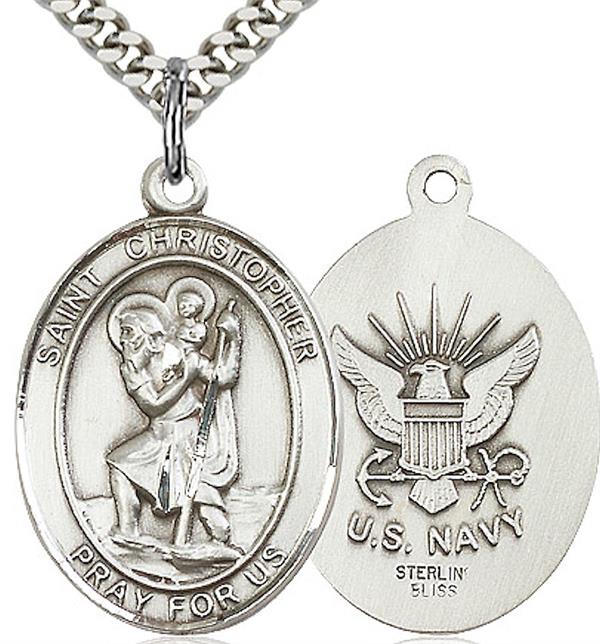 St. Christopher / Navy Medal, 3/4" tall, Sterling Silver, Your Choice of Chain, # 2044