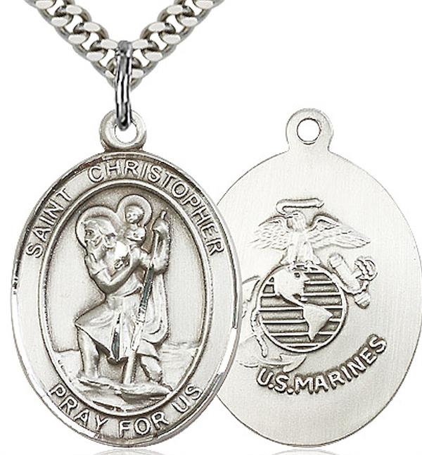 St. Christopher / Marine Corps Medal, 1" tall, Fine Pewter, Your Choice of Chain, # 2046
