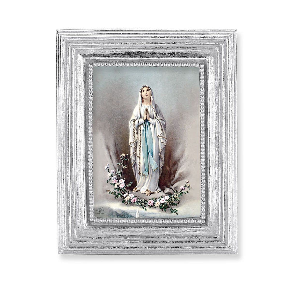 Our Lady of Lourdes Picture, Silver Finish 3-7/8"x4-3/4 Frame, Exclusive Gold Stamped Print Under Glass # 28375
