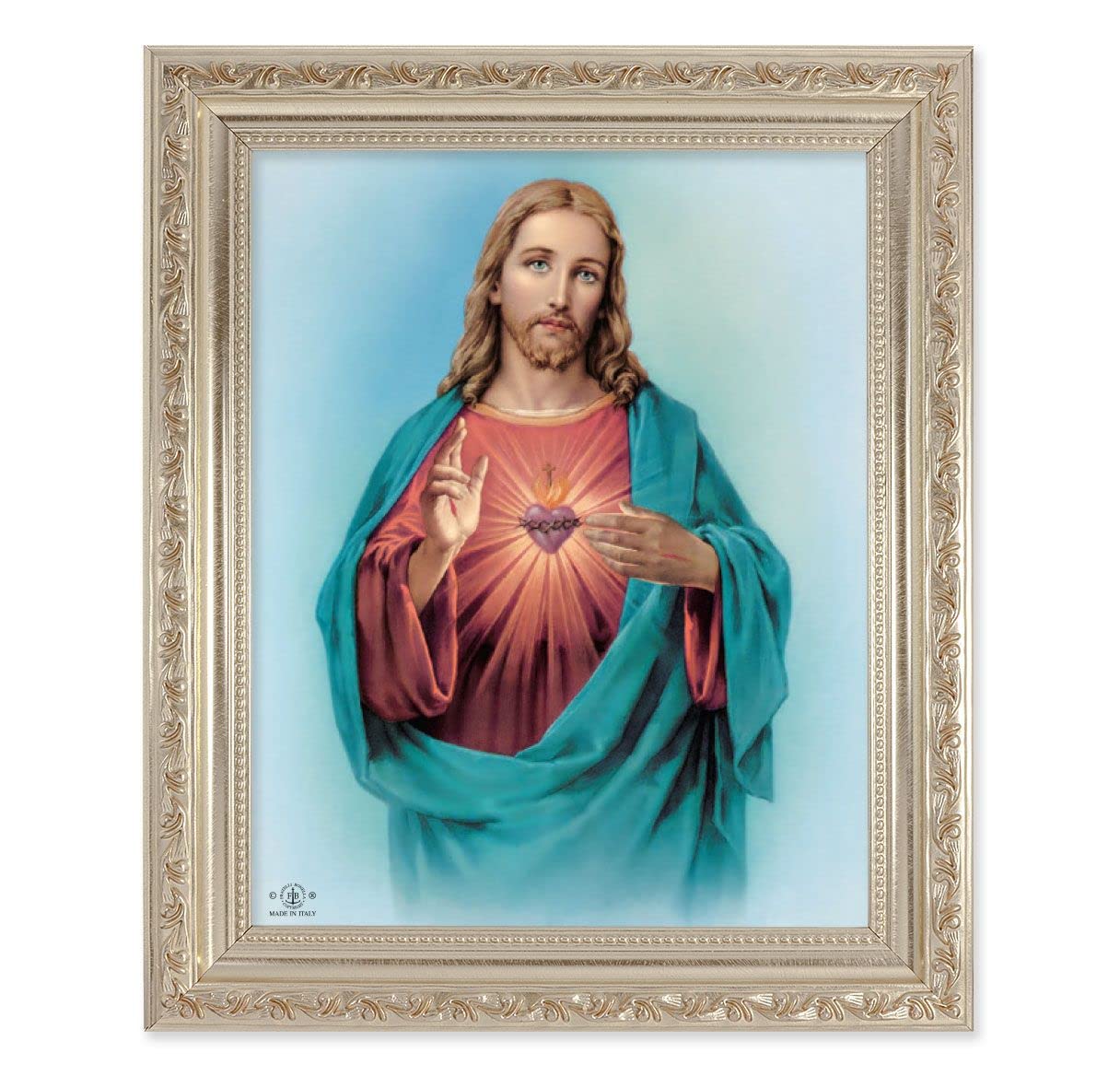 Sacred Heart, 10"x12" Antique Silver & Carved Scrollwork Frame, Italian Print Under Glass # 26748