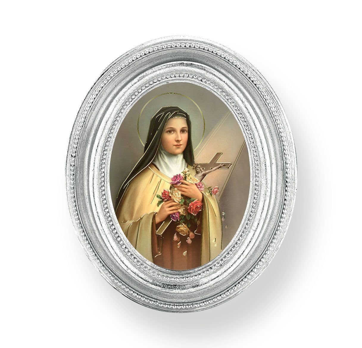 St. Therese of Lisieux Picture, Silver Finish 3-3/4"x4-1/2 Oval Frame, Exclusive Gold Stamped Print Under Glass # 28460