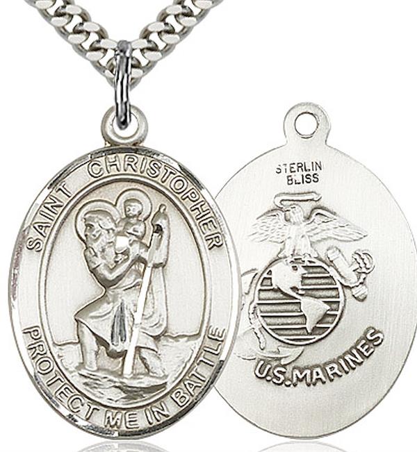 St. Christopher / Marine Corps Medal, 1" tall, Sterling Silver, Your Choice of Chain, # 2093