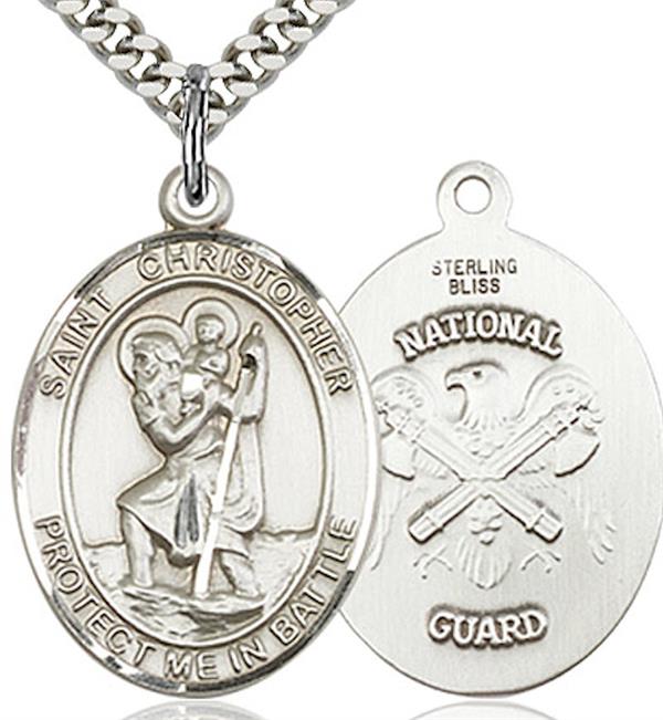 St. Christopher / National Guard Medal, 1" tall, Sterling Silver, Your Choice of Chain, # 2099