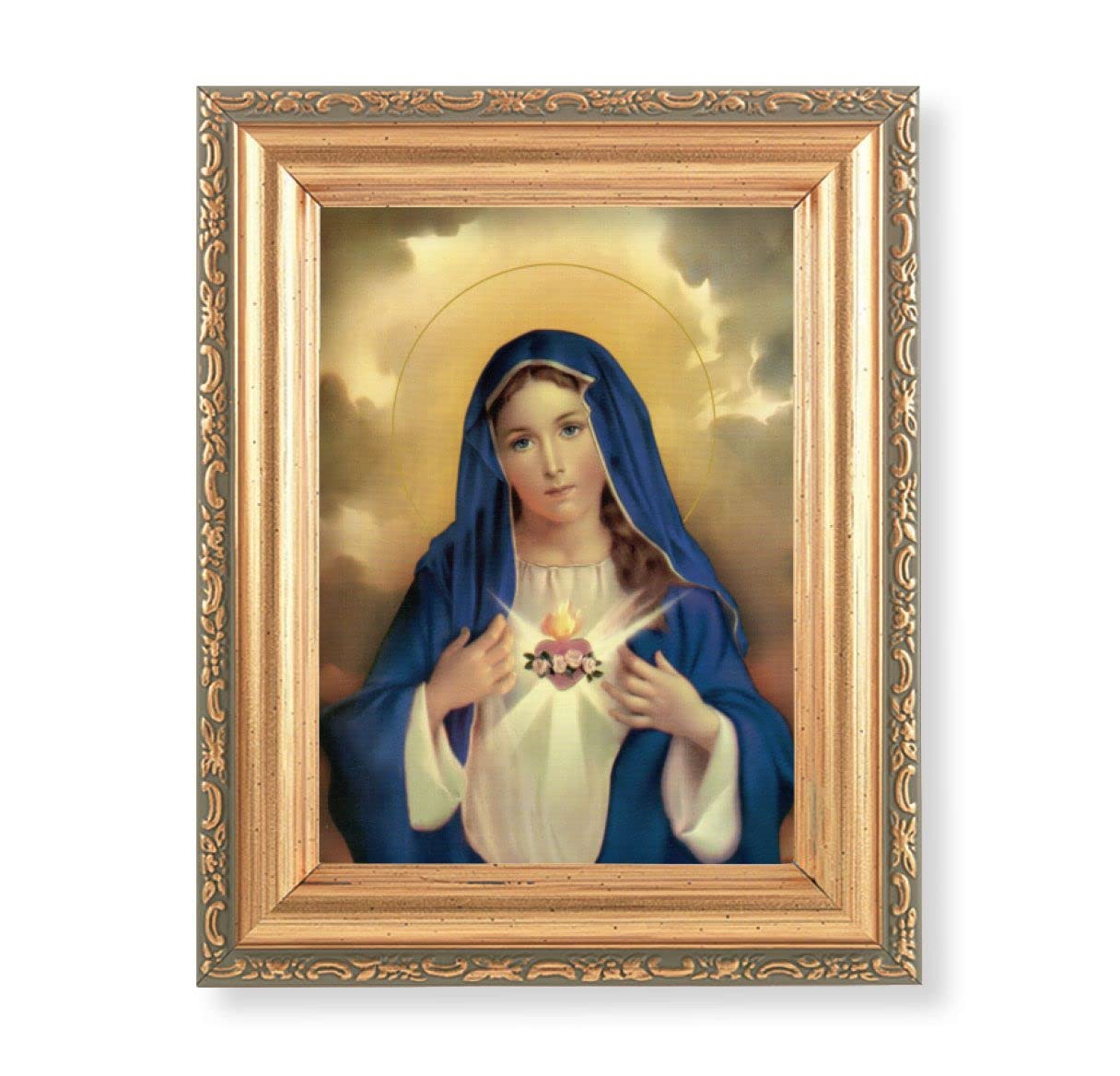 Immaculate Heart of Mary Picture, Antique Gold 5-1/2"x7 Frame with Acanthus-Leaf Edging Under Glass # 28178