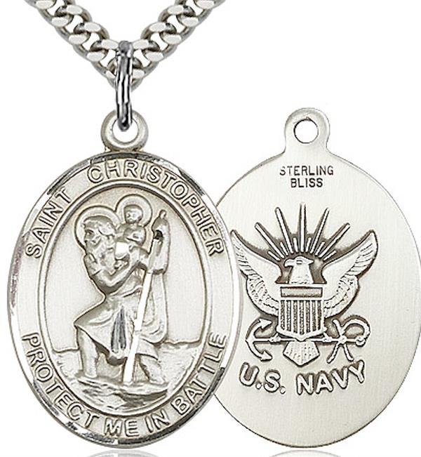 St. Christopher / Navy Medal, 3/4" tall, Sterling Silver, Your Choice of Chain, # 2104