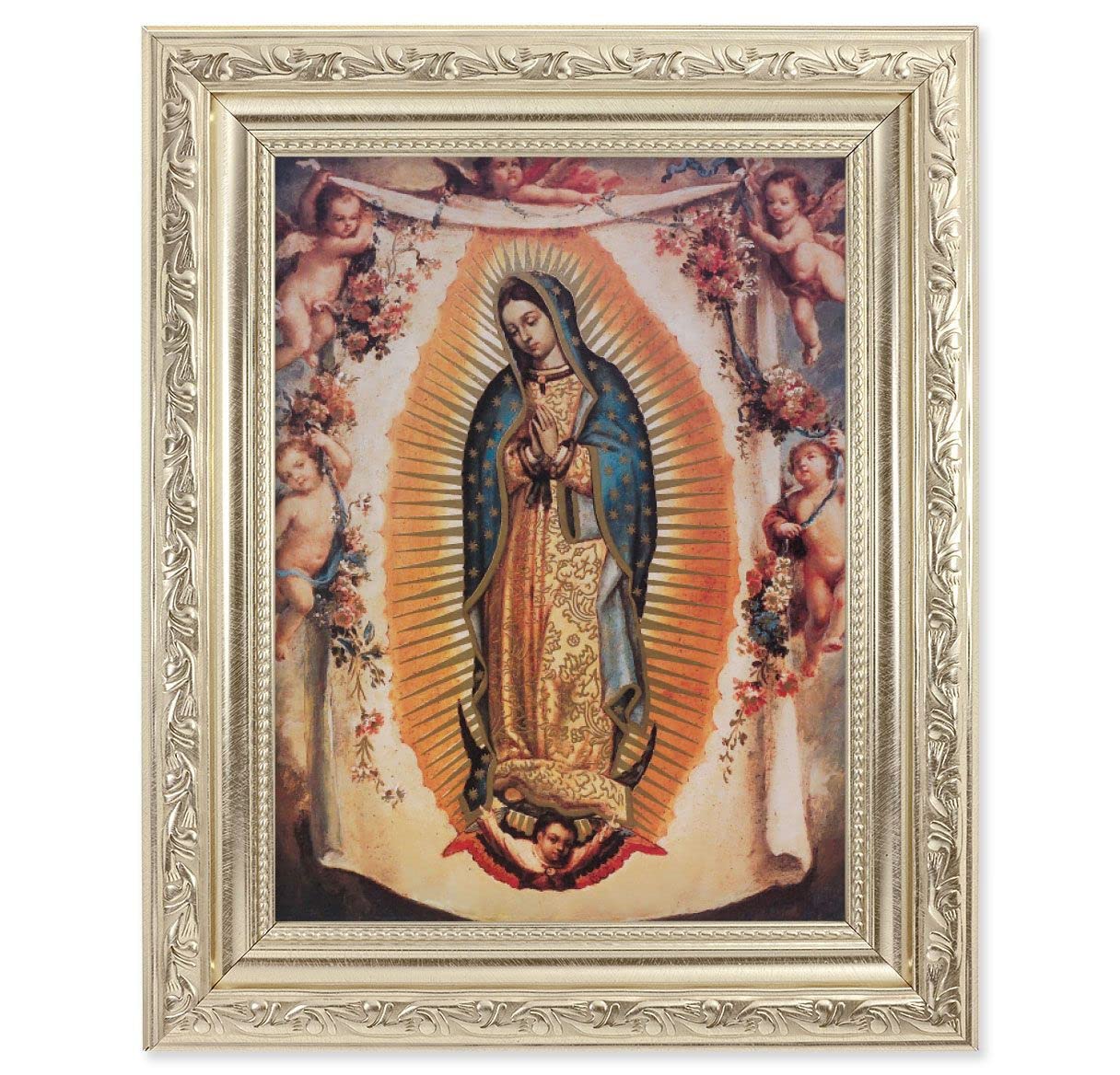 Our Lady of Guadalupe with Angels Picture, 8-1/4"x10-1/4 Antique Silver Finish with Acanthus Leaf Detail Under Glass # 27888
