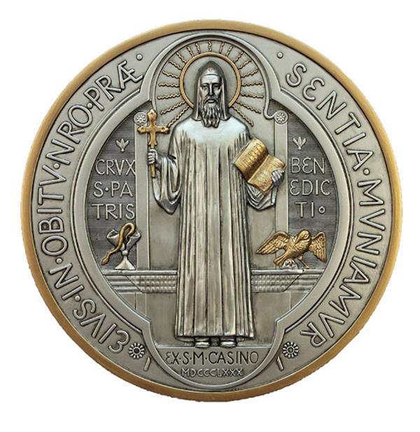 St. Benedict Wall Medal, 7" Dia, Pewter Finished Veronese Resin, # 21119|