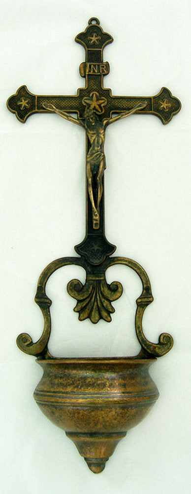 Crucifixion Holy Water Font, Antique Brass, 14", Made in Italy, # 21123
