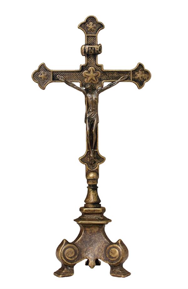 Double sided standing Crucifix, antique brass, 13", # 21129|