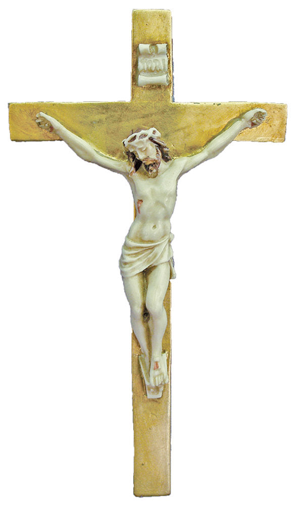 Hand Painted Alabaster Wall Crucifix with Highlights, 9.5", Made in Italy, # 21142