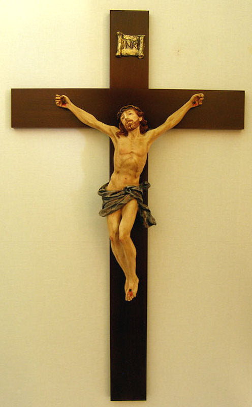 Hand Painted Wall Crucifix, Alabaster Figure on Wood Cross, 39.5", Made in Italy, # 21144