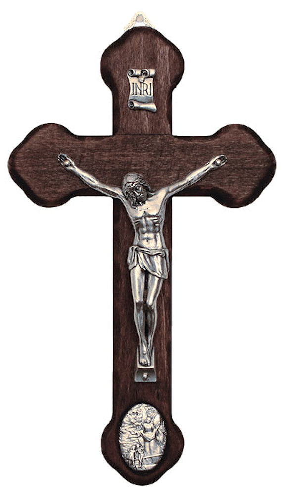 Guardian Angel Medallion Crucifix, Metal Figure on Wood Cross, 8.75", Made in Italy, # 21159