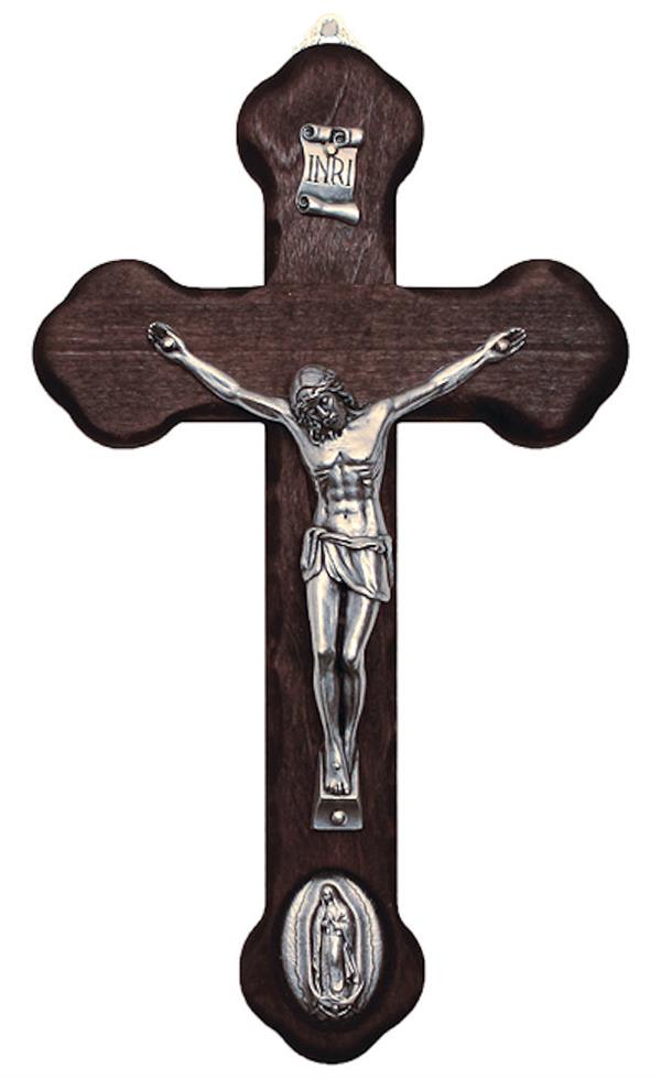 Our Lady of Guadalupe Medallion Crucifix, Metal Figure on Wood Cross, 8.75", Made in Italy, # 21160