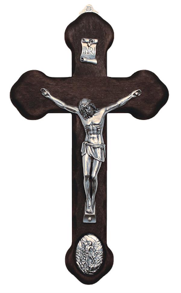 St. Michael Medallion Crucifix, Metal Figure on Wood Cross, 8.75", Made in Italy, # 21162