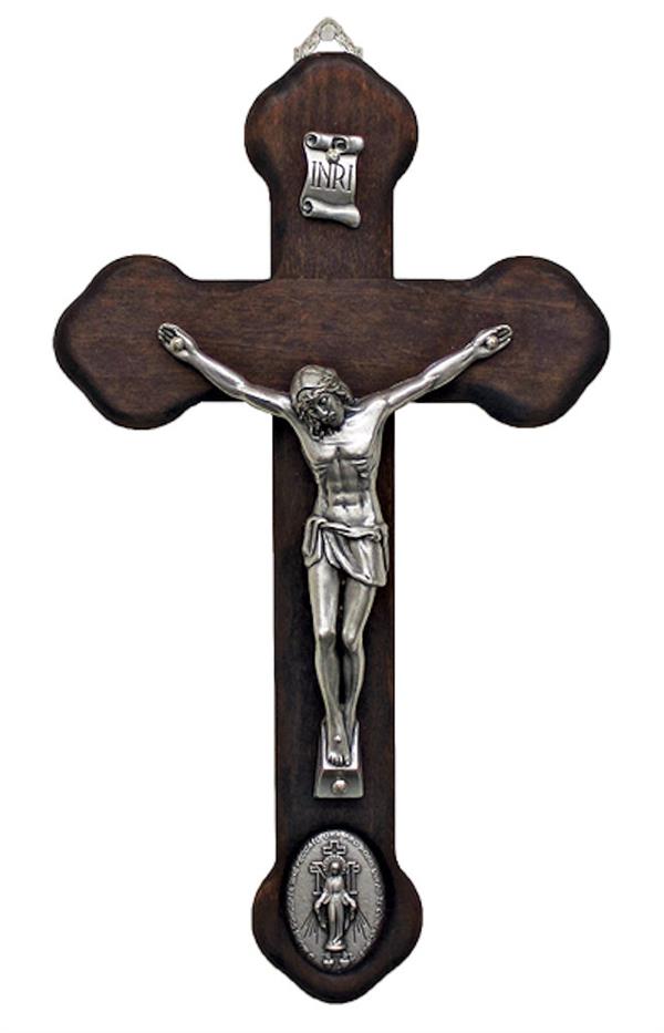 Miraculous Medal Medallion Crucifix, Metal Figure on Wood Cross, 8.75", Made in Italy, # 21163