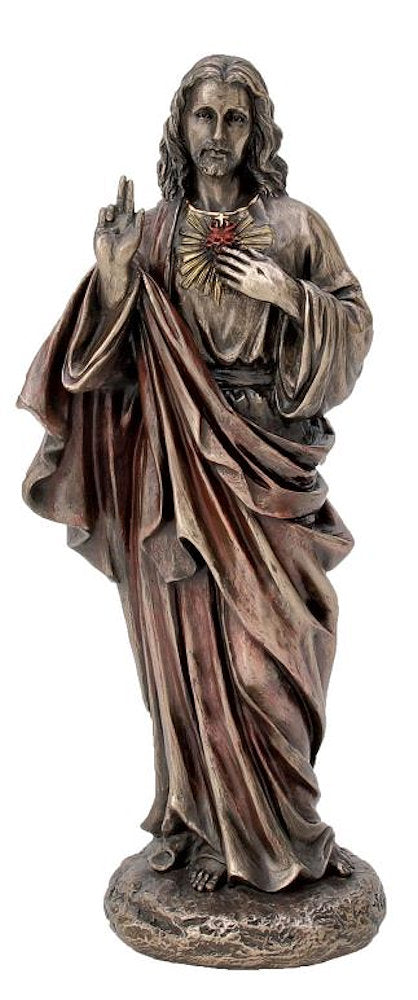 Sacred Heart of Jesus Statue, Lightly Hand Painted Cold Cast Bronze, 8", # 21171