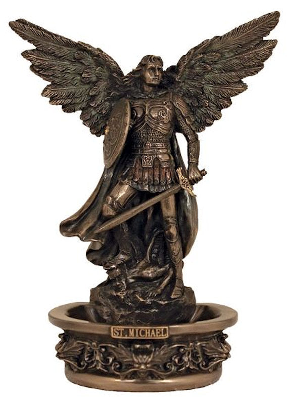St. Michael The Archangel Holy Water Font, Stands or Hangs, Cold Cast Bronze, 7", # 21176