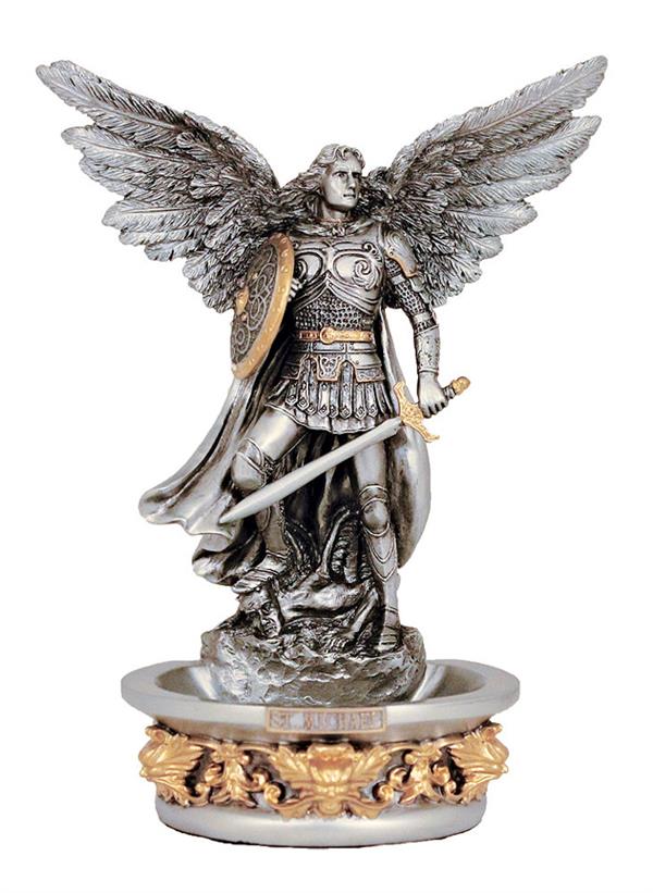 St. Michael The Archangel Holy Water Font, Stands or Hangs, Pewter Finish Resin, 7", # 21177