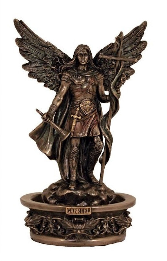 St. Gabriel The Archangel Holy Water Font, Stands or Hangs, Cold Cast Bronze, 7" # 21178