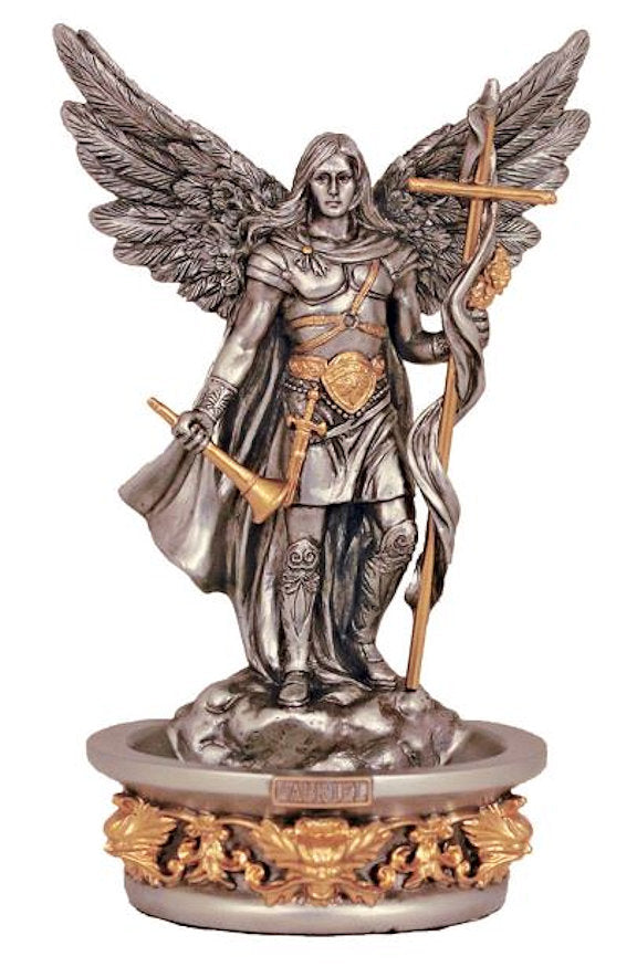 St. Gabriel The Archangel Holy Water Font, Stands or Hangs, Pewter Finish Resin, 7", # 21179