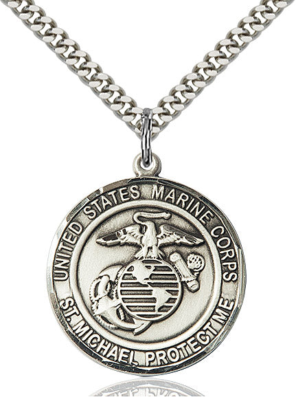 St. Michael / Marine Corps Medal, 1" round, Sterling Silver, Your Choice of Chain, # 2135