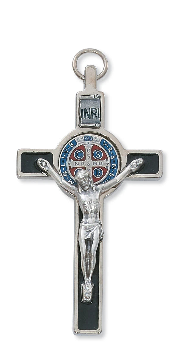3" St. Benedict Cross, Silver with Black Enamel, Red & Blue Center, Leather Cord, # 21341