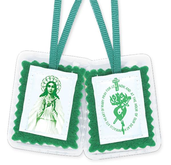 Green Scapular with 14" Cord with Plastic, 10-Count Value Pack, # 2144