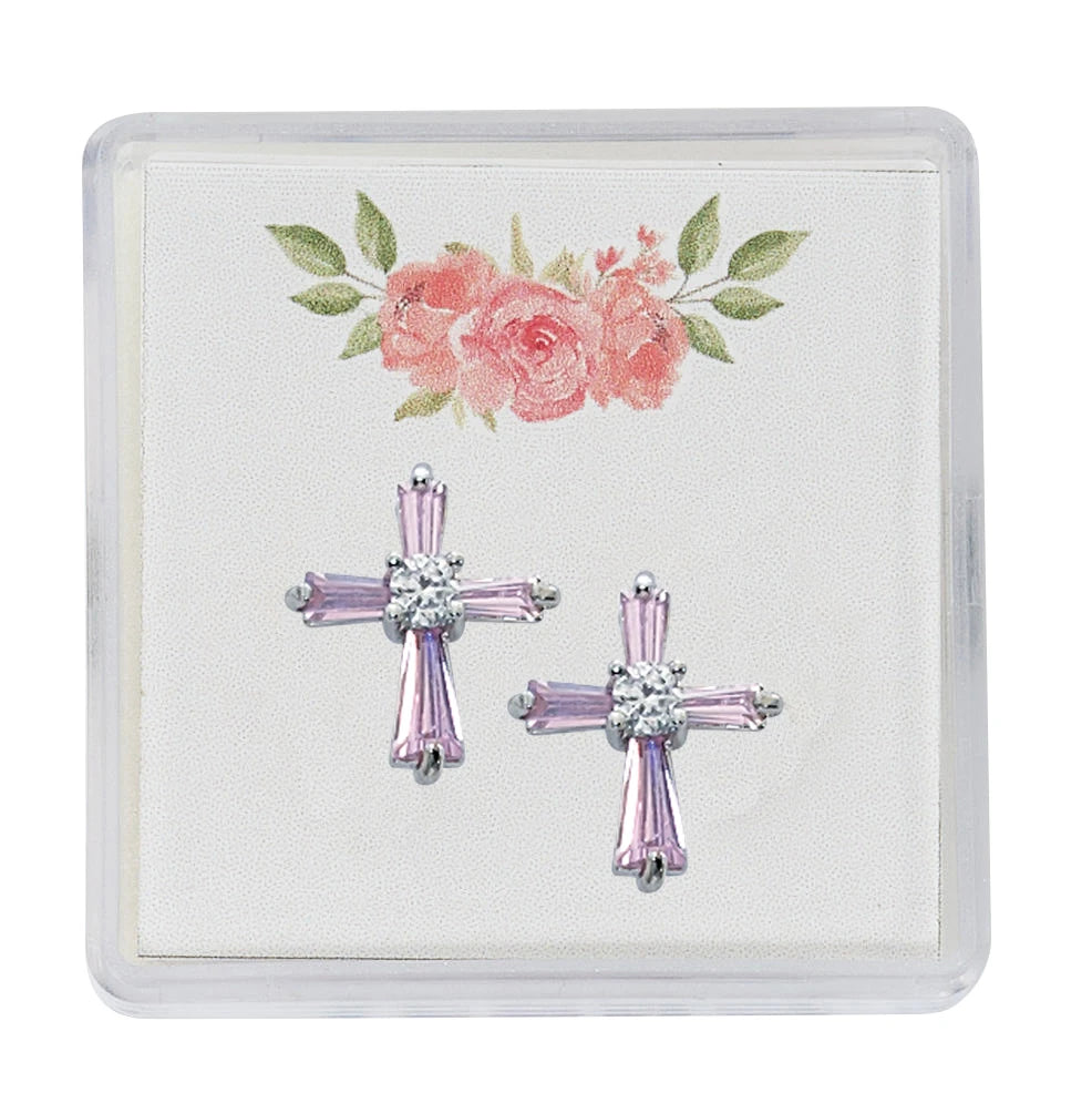 Post Earrings, Baguette Pink Crystal Crosses, Surgical Steel Posts, # 21487