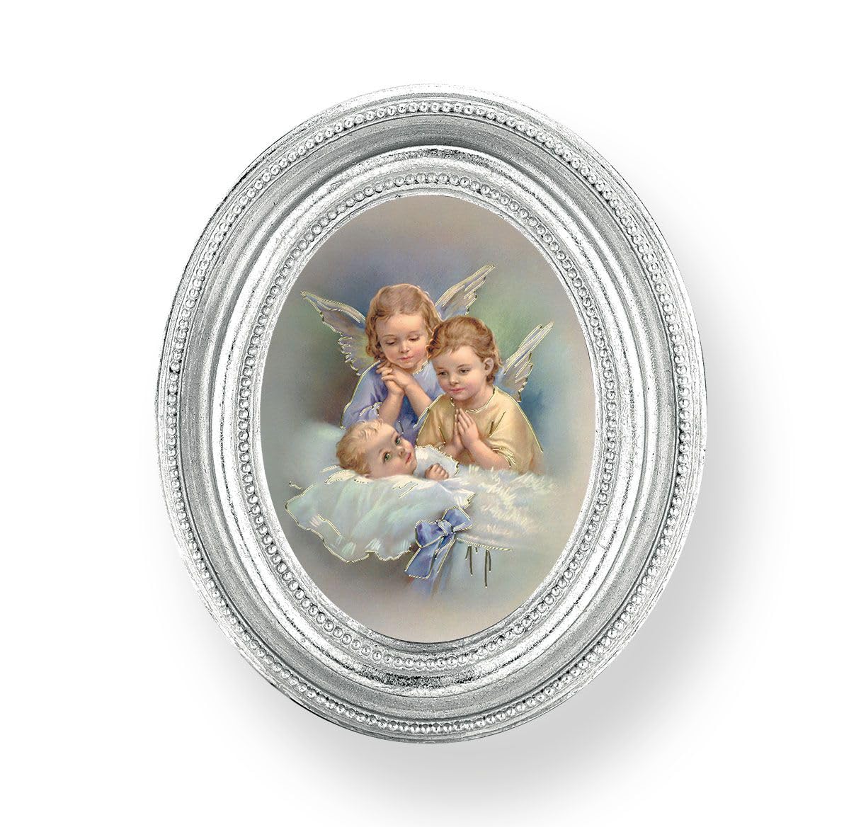 Guardian Angels Over Baby in Crib Picture, Silver Finish 3-3/4"x4-1/2 Oval Frame, Exclusive Gold Stamped Print Under Glass # 28462