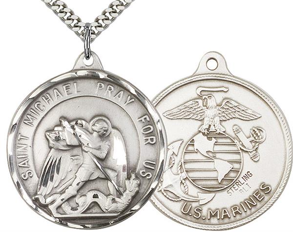 St. Michael / Marine Corps Medal, Sterling Silver, 1-1/4" dia., Your Choice of Chain, # 2177