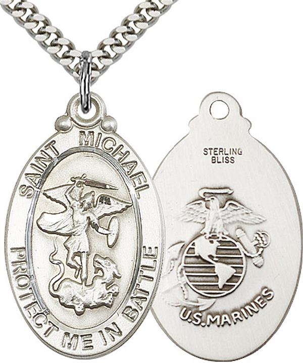 St. Michael / Marine Corps Medal, 1-1/8" tall, Sterling Silver, Your Choice of Chain, # 2184