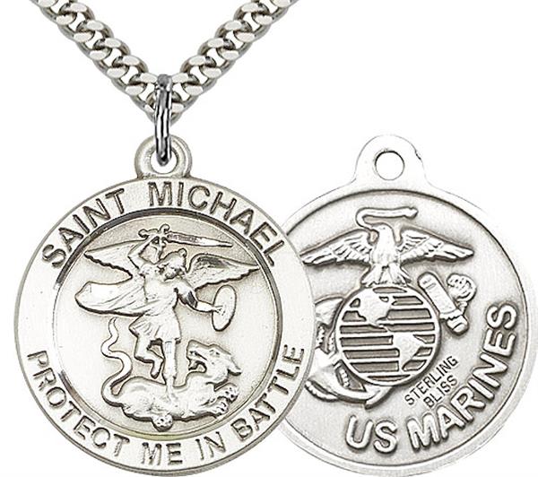 St. Michael / Marine Corps Medal, 1" dia., Sterling Silver, Your Choice of Chain, # 2186