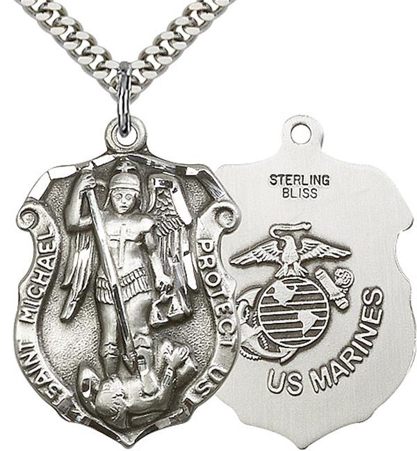 St. Michael Shield / Marine Corps Medal, Sterling Silver, 1-1/4" tall, Your Choice of Chain, # 2205