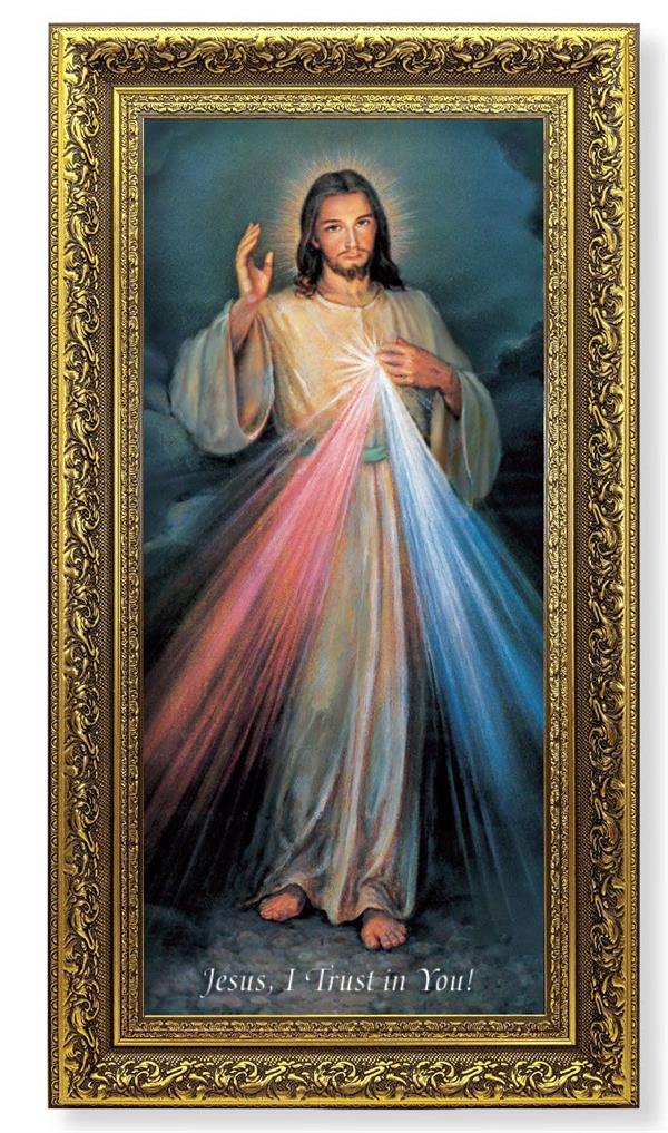 Divine Mercy Picture, 14.5"x26" Detailed Wood Frame Under Glass, Italian Print # 22054