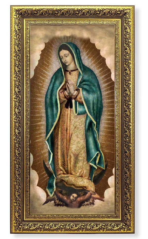 Our Lady of Guadalupe Picture, 14.5"x26" Detailed Wood Frame Under Glass, Italian Print # 22055