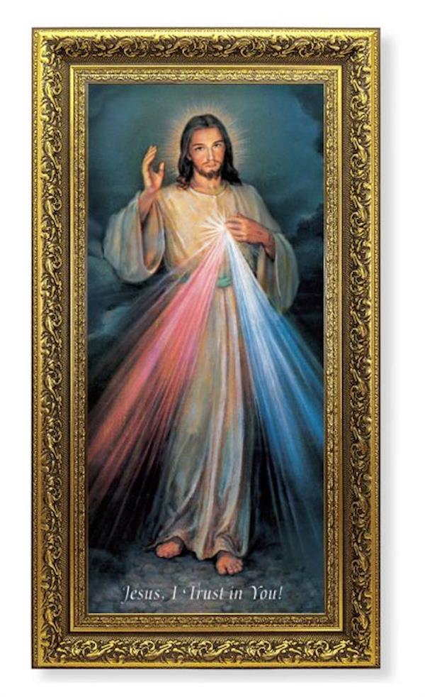 Divine Mercy Picture, 11-5/8"x19" Detailed Wood Frame Under Glass, Italian Print # 22069