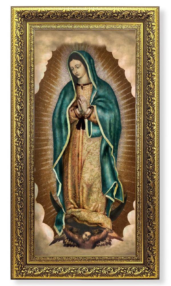 Our Lady of Guadalupe Picture, 11-5/8"x19" Detailed Wood Frame Under Glass, Italian Print # 22070