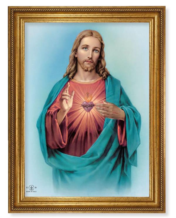 Sacred Heart Picture, 24"x31" Antique Gold Finish Frame with Rope Detail , Italian Print # 22076