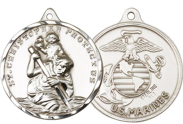 St. Christopher / Marine Corps Medal, Sterling Silver, 1-1/4" dia., Your Choice of Chain, # 2208