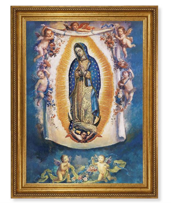 OL Guadalupe with Angels Picture, 24"x31" Antique Gold Finish Frame with Rope Detail , Italian Print # 22083