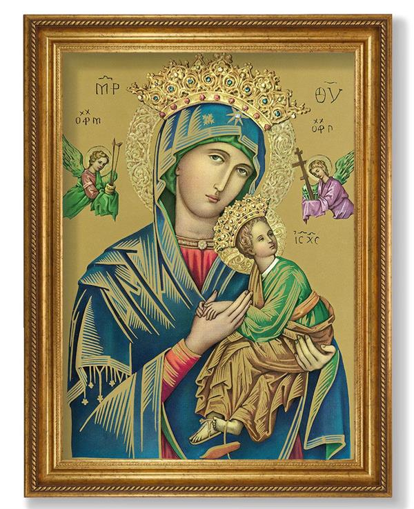 Our Lady of Perpetual Help Picture, 24"x31" Antique Gold Finish Frame with Rope Detail , Italian Print # 22084