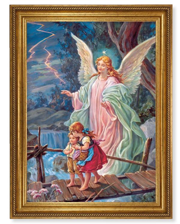 Guardian Angel Picture, 24"x31" Antique Gold Finish Frame with Rope Detail , Italian Print # 22085