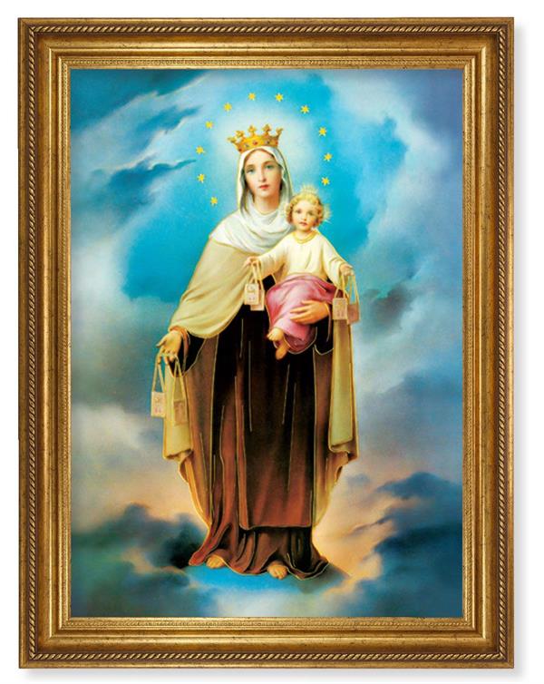 Our Lady of Mt. Carmel Picture, 24"x31" Antique Gold Finish Frame with Rope Detail , Italian Print # 22086