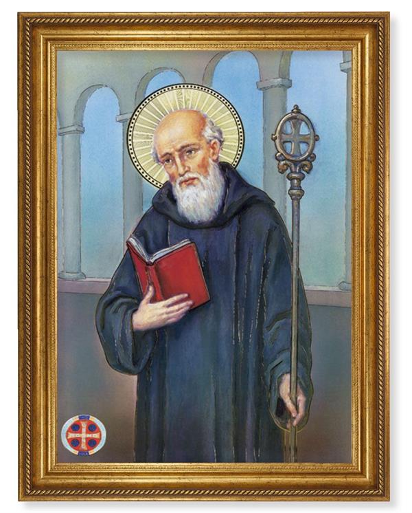 St. Benedict Picture, 24"x31" Antique Gold Finish Frame with Rope Detail , Italian Print # 22087