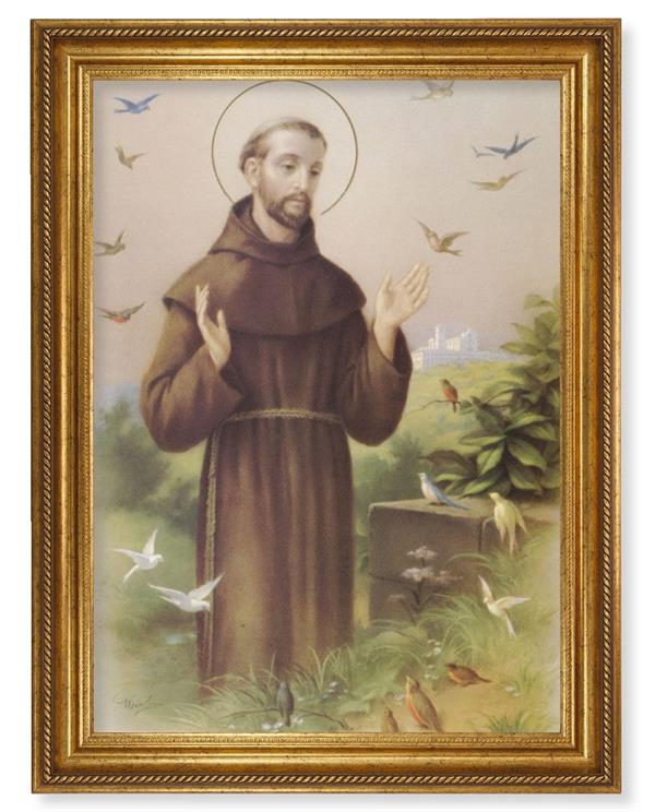 St. Francis of Assisi Picture, 24"x31" Antique Gold Finish Frame with Rope Detail , Italian Print # 22088