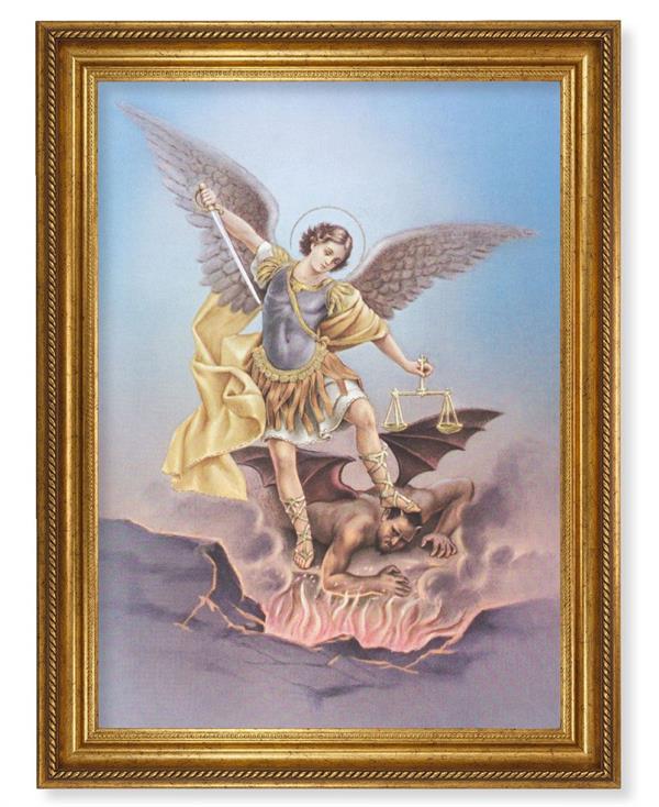 St. Michael Picture, 24"x31" Antique Gold Finish Frame with Rope Detail , Italian Print # 22090