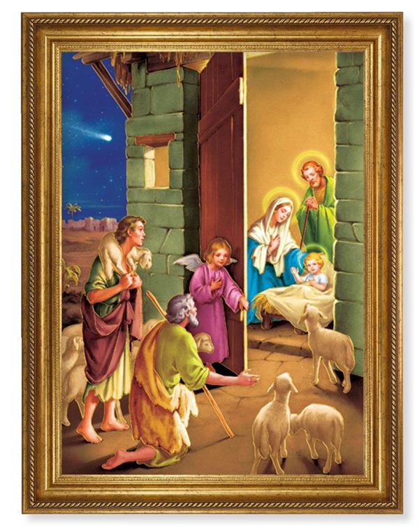 Nativity Picture, 24"x31" Antique Gold Finish Frame with Rope Detail , Italian Print # 22094